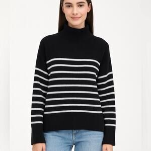 Magaschoni 100% Cashmere Mock Neck Striped Pullover Sweater Black Gray Sz L